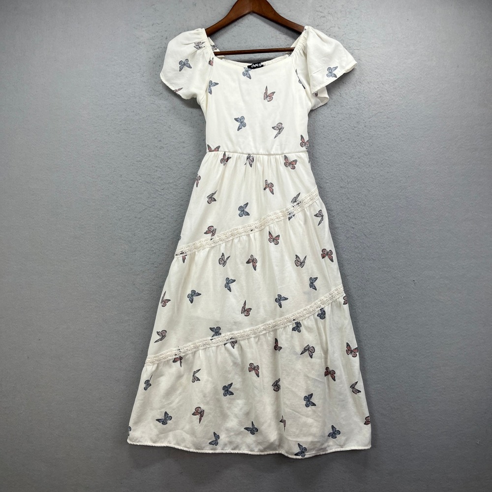 Trixxi Girl Midi Dress Girls Medium White Butterfly Tiered Lace Cottagecore Boho